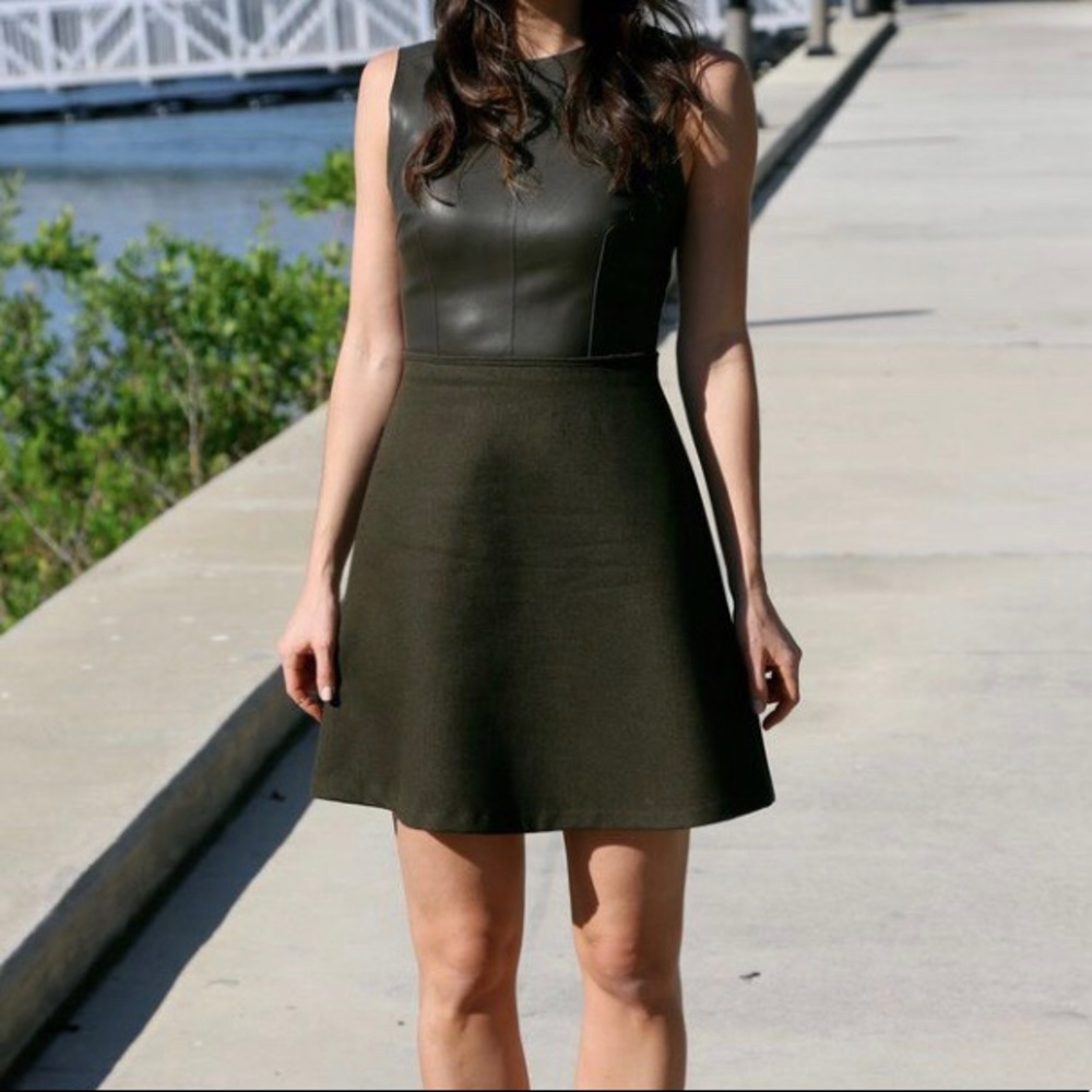 Olive faux leather and wool dress